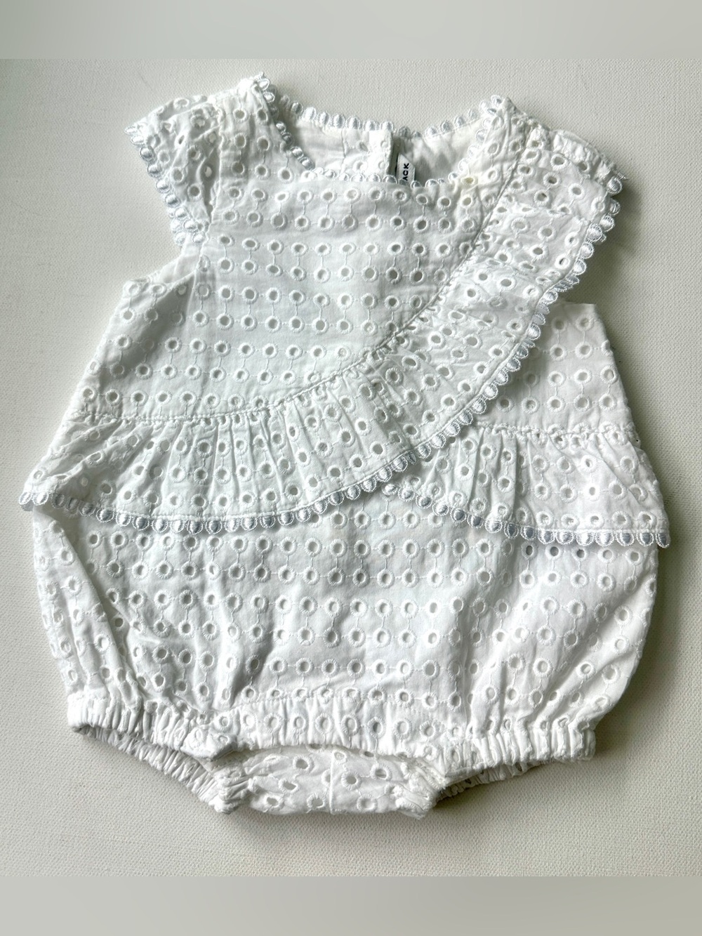 Janie and Jack girl’s White Eyelet Ruffle Baby Romper.  Size 0-3M.